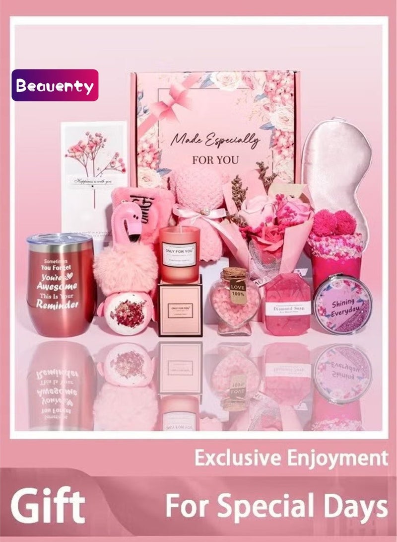 بيوينتي صندوق هدايا متكامل للزوجة والصديقة المقربة - كوب ترطيب بلون وردي ذهبي، مرآة مكياج وشَمعة (هدية للزفاف/الذكرى السنوية لها) - Image 1